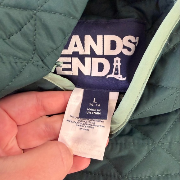 Lands End Jacket Womens Large Green Quilted Chore Field Barn Floral Reversible - Picture 5 of 8